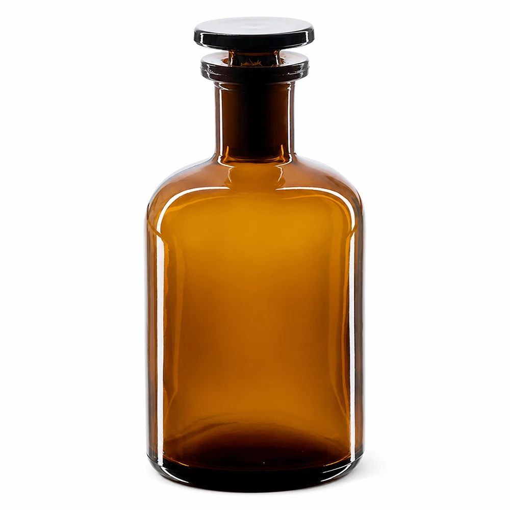 Rundschulterfl. 100ml braun Enghals Glasstopfen Amber Rundschulterflasche Enghals 100ml braungebläut mit transparentem Glasstopfen