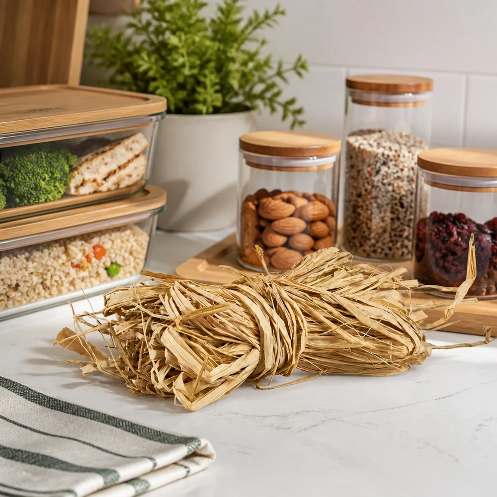 Fibra naturale per decorazioni, 30 g La rafia naturale 30g beige dorato sul piano di lavoro della cucina con vasi portaoggetti mostra idee pratiche per l'organizzazione e la decorazione della cucina