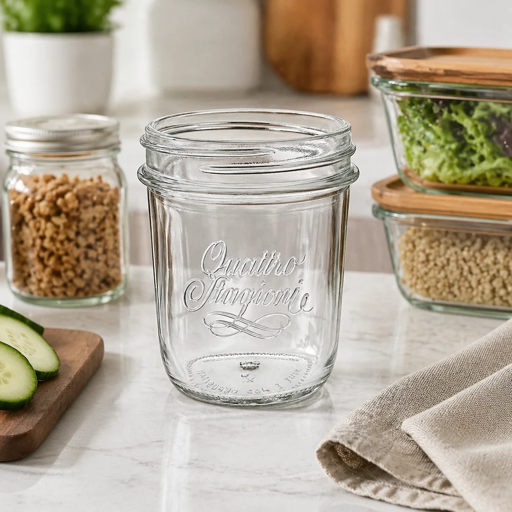 320ml Sturzglas "Quattro Stagioni" QS86mm Quattro Stagioni Sturzglas 320ml auf Küchentheke mit Lebensmitteln - elegantes Einmachglas für Vorratshaltung