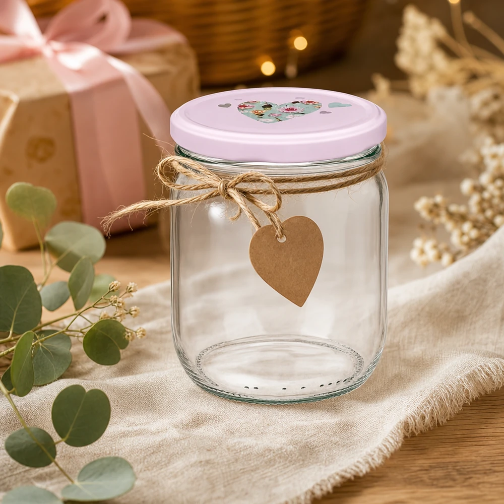425ml Rundglas + BasicSeal Deckel Herz rosa UNiTWIST 425ml Rundglas rosa Herz-Deckel mit Juteschnur Geschenkanhänger Dekoration Einmachglas Bastelidee rustikal