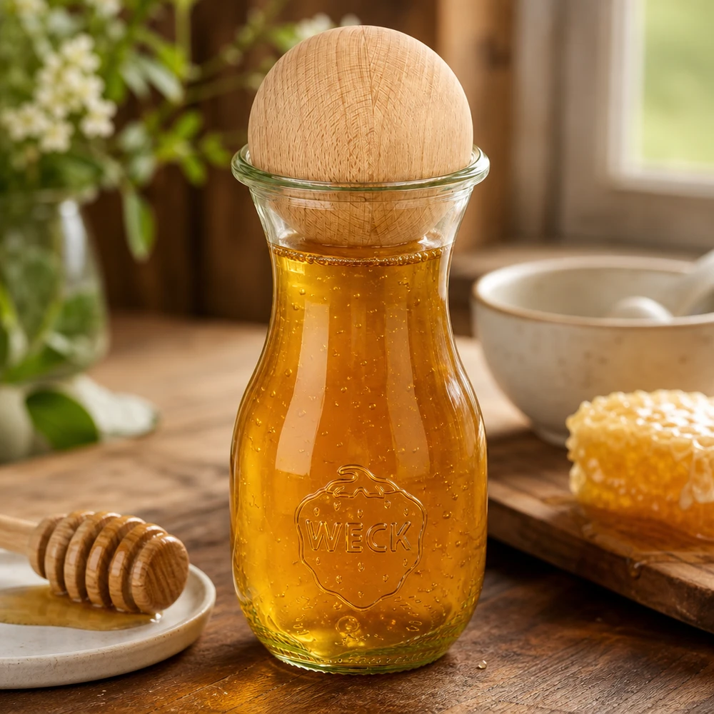 Bottiglia per succhi di frutta da 290 ml WECK RR60 con sfera in legno di faggio Bottiglia per succo di frutta WECK da 290 ml riempita di miele e sfera in legno di faggio, decorata con nido d'ape e cucchiaio per il miele