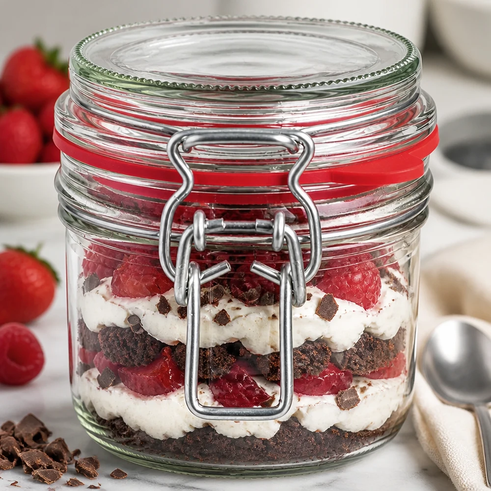 Barattolo da 255 ml, tipo G, con tappo a clip UN.. 255ml Bügelverschluss-Glas mit geschichtetem Erdbeer-Schoko-Dessert, perfekt für Trifle und süße Leckereien