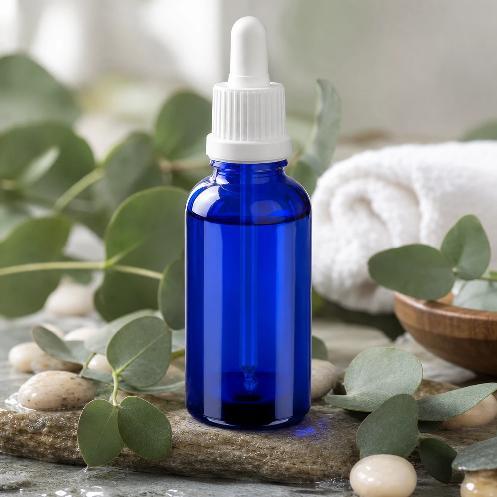 Bottiglia in vetro con protezione UV da 30 ml con pipetta BlueLine UT18 filettatura DIN18 blu protetta dalla luce