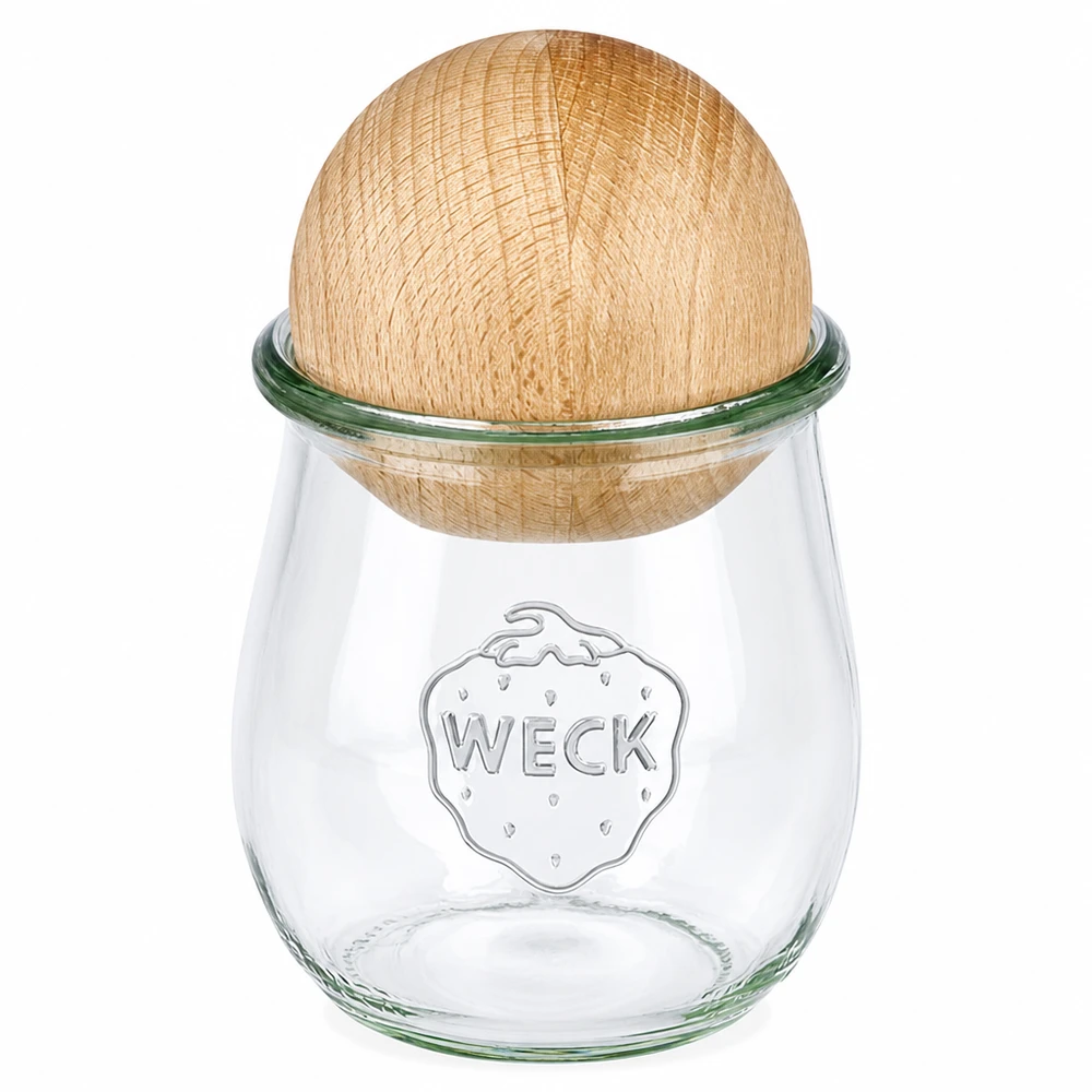 Vaso per tulipani da 220 ml WECK RR60 con sfera in legno di faggio WECK vaso a tulipano 220ml RR60 con coperchio a sfera in faggio naturale, vaso da conserva trasparente con coperchio in legno