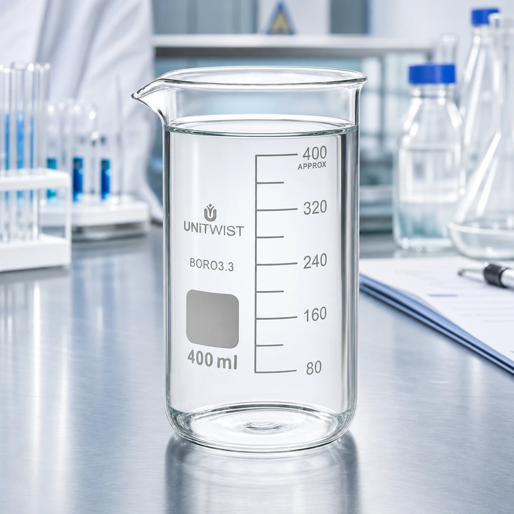 Bicchiere 400ml borosilicato, stampo alto UNITWIST Bicchiere da laboratorio UNITWIST da 400 ml, modello alto, con acqua limpida su un tavolo in acciaio inossidabile in laboratorio
