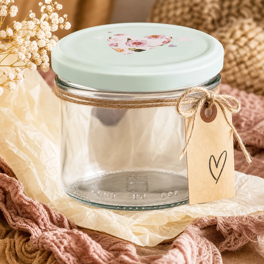 230ml Zylinderglas + BasicSeal Deckel Herz mint 230ml Zylinderglas mit mint Herzdeckel romantisch dekoriert mit Juteband Geschenkanhänger und Trockenblumen