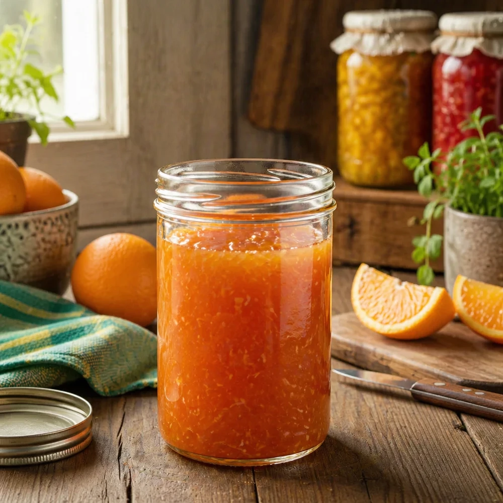 UNiTWIST Sturz435 Einmachglas 435ml gefüllt mit hausgemachter Orangenmarmelade in rustikaler Küche mit frischen Orangen