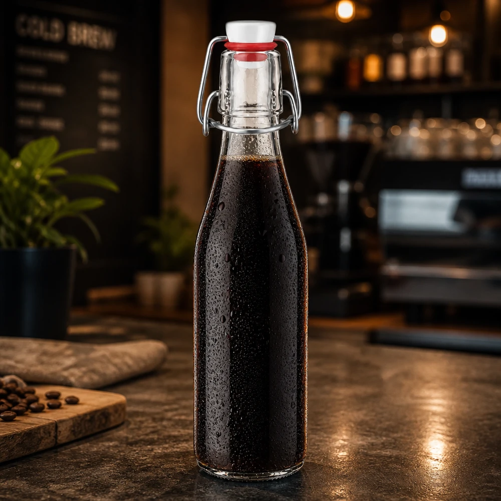 Bottiglia di vetro da 250 ml + tappo girevole in PVC UNiTWIST 250ml Glasflasche mit dunklem Getränk gefüllt, Bügelverschluss PVC UNiTWIST, stilvolle Küchendeko auf Holztisch