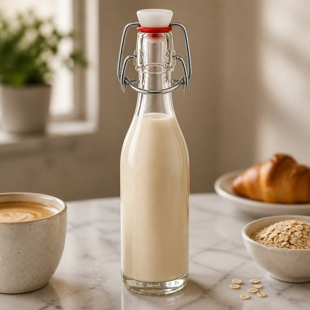 Bottiglia in vetro da 50 ml + tappo girevole in PVC UNiTWIST Bottiglia di vetro da 50 ml con tappo oscillante riempita di latte d'avena in una cucina accogliente, accanto a una tazza da caffè e a fiocchi d'avena