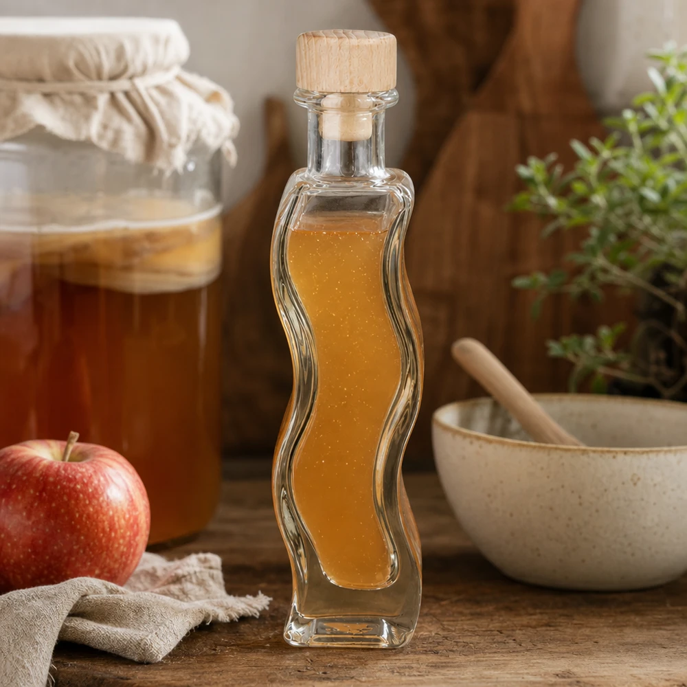 Flacone in vetro da 100 ml Melissa con tappo in sughero con impugnatura in legno UNiTWIST® 100ml Glasflasche Melissa mit Apfelessig befüllt neben rotem Apfel Mörser Küchenszenerie Holzkorken natürlich