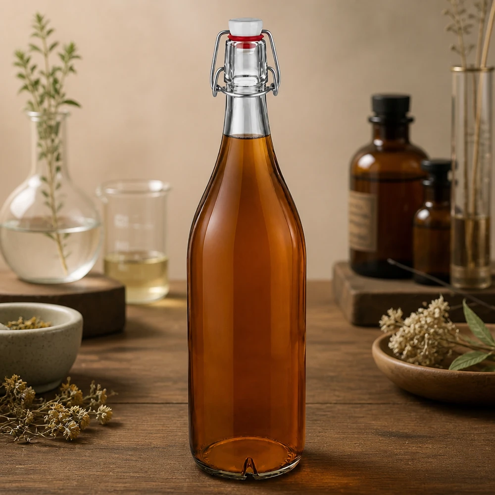 Bottiglia di vetro da 1000 ml + tappo girevole in PVC UNiTWIST Bottiglia in vetro da 1000 ml con tappo a battente in PVC color ambra riempita di tisana decorazione naturale tavolo in legno