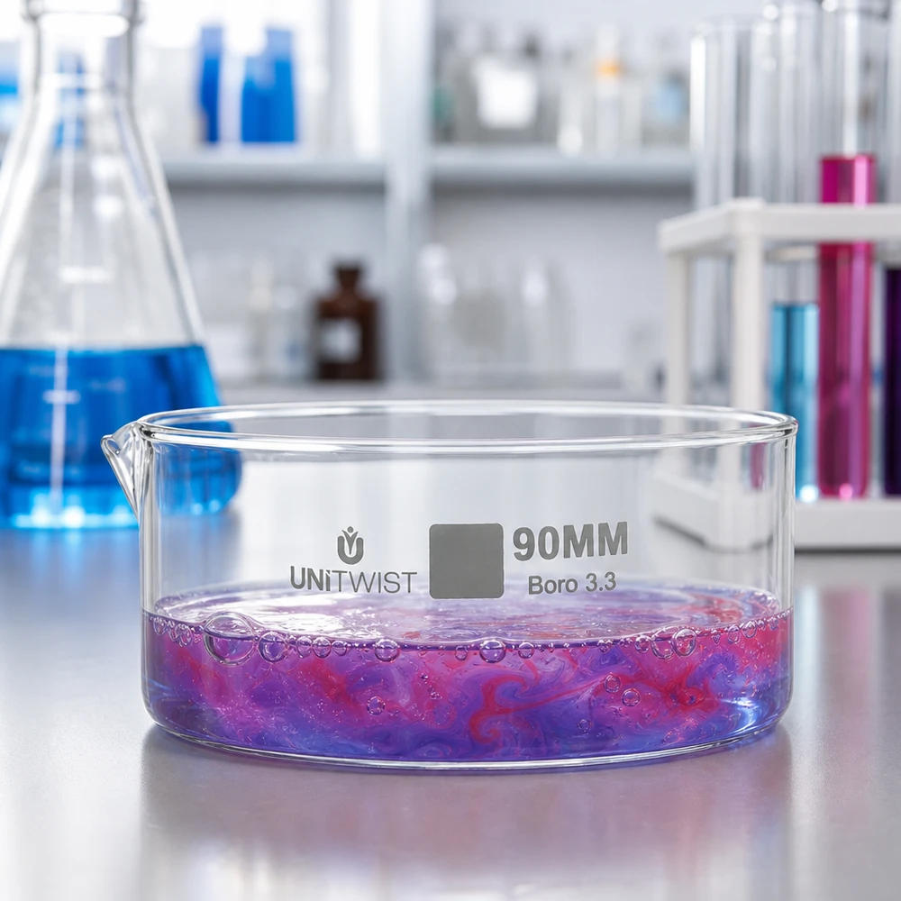 Kristallisierschale ø90mm Borosilikatglas UNiTWIST Borosilikatglas Kristallisierschale UNiTWIST 90mm chemische Farbreaktion violett rot Labor