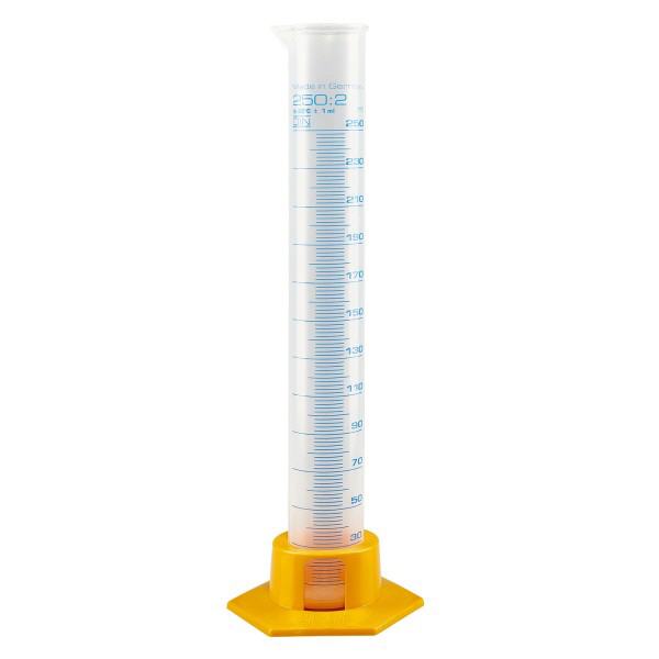 Cilindro graduato da 250 ml in PP, con base gialla Cilindro graduato da 250 ml in PP, con base gialla
