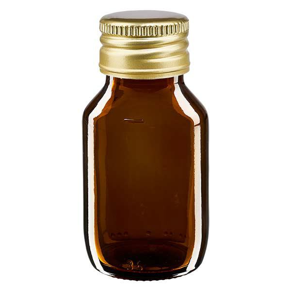 Flacone per medicinali da 50ml marrone, con tappo in alluminio dorato Apo Flacone per medicinali da 50ml marrone, con tappo in alluminio dorato Apo