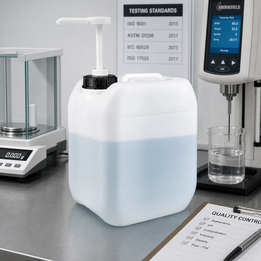 Jerrican de 5 litres avec pompe doseuse Bidon blanc de 5 litres équipé d'une pompe doseuse lors d'un contrôle qualité, à côté d'un viscosimètre et d'une balance d'analyse