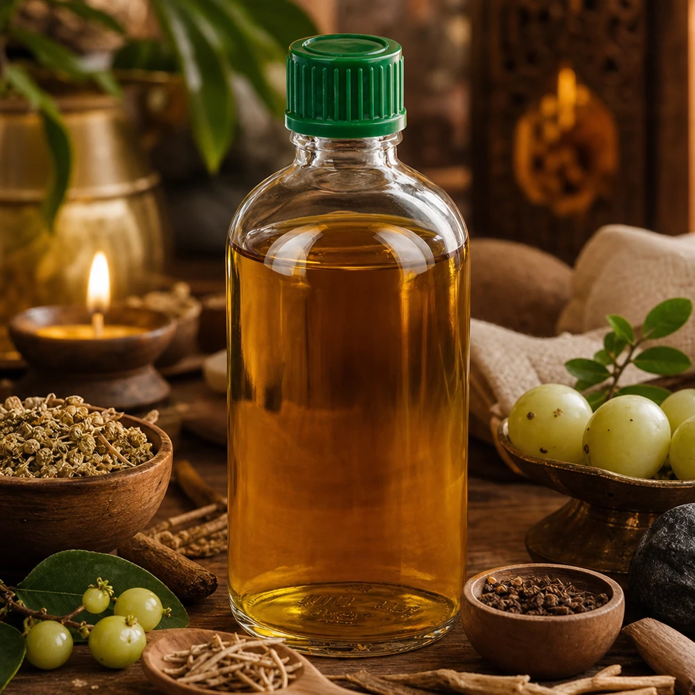 Olio alle erbe ayurvedico in flacone ClearLine da 100 ml UT18/100 con tappo verde da 11 mm SV