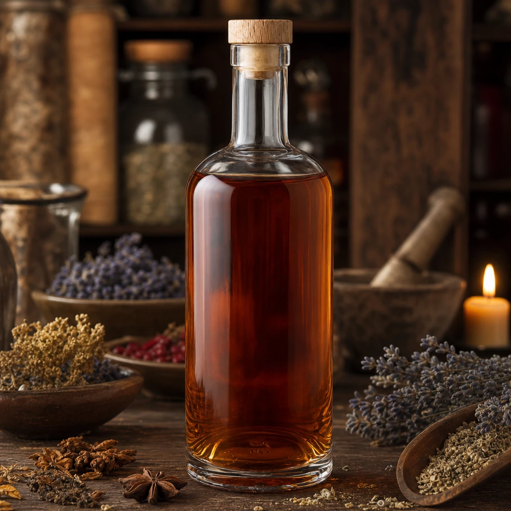 Bottiglia da 750 ml in vetro Emma con tappo in legno, riempita con liquido ambrato in un'atmosfera rustica di erbe e spezie.