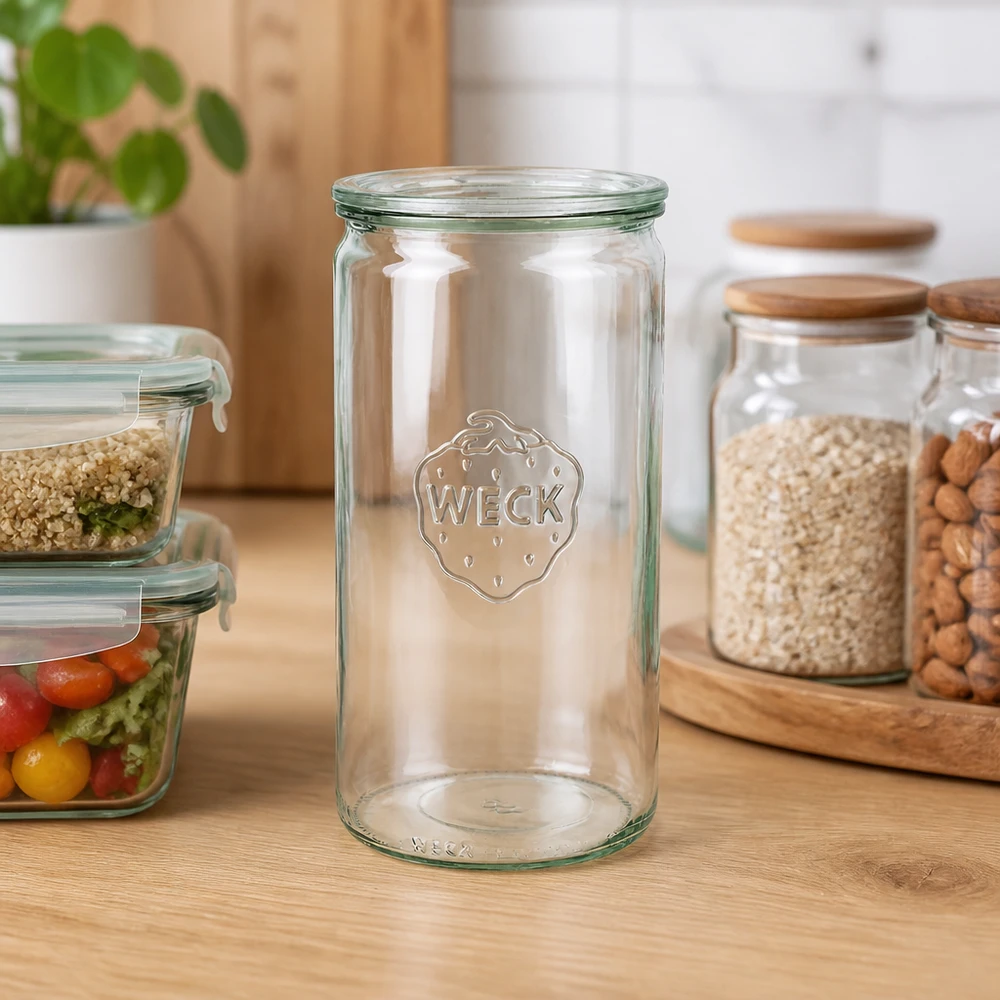 Vaso cilindrico WECK 1590ml RR100 vuoto su piano di lavoro in legno in cucina moderna con vasi di stoccaggio e piante