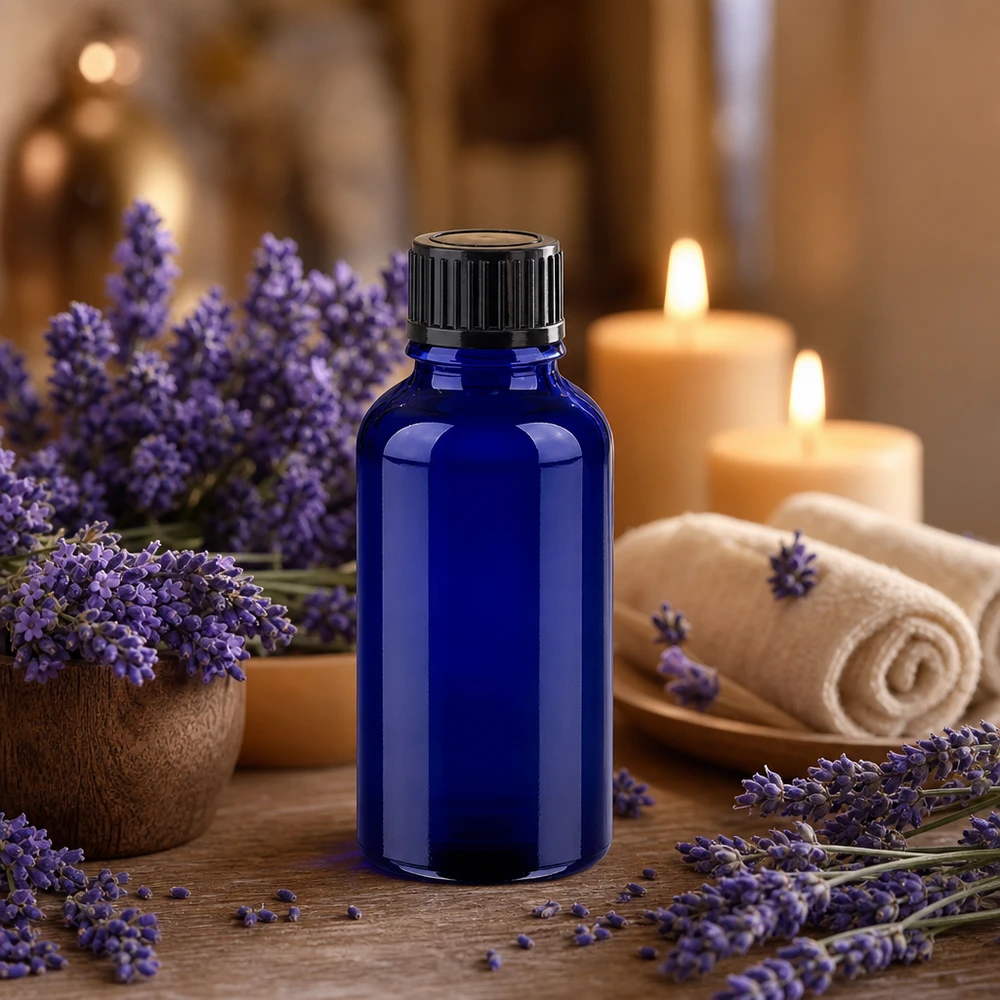 Alternativa professionale in vetro ambrato da 30 ml, di colore blu, per applicazioni termali e di massaggio