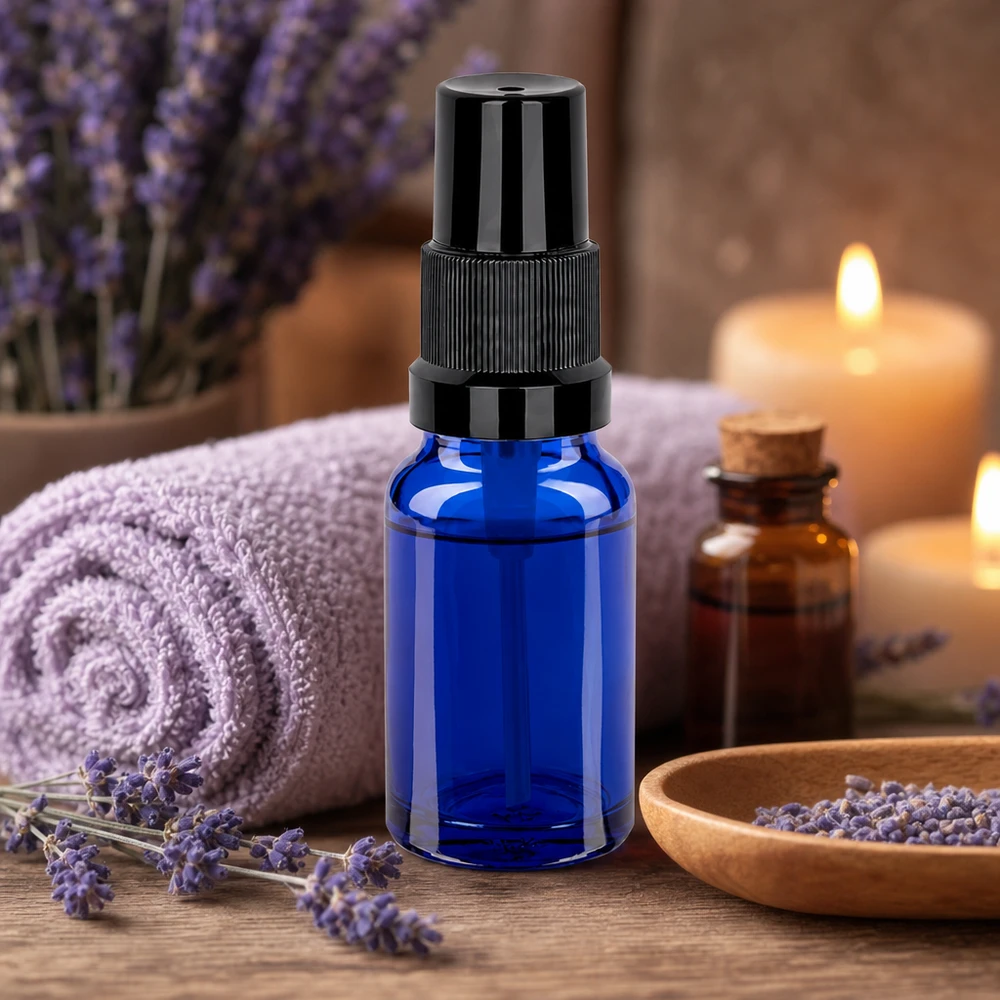 10ml Sprayflasche schwarz Standardverschluss BlueLine UT18/10 Professionelle 10ml Glassprayflasche STD BlueLine UT18/10 mit schwarzem Sprühaufsatz für Aromamischungen
