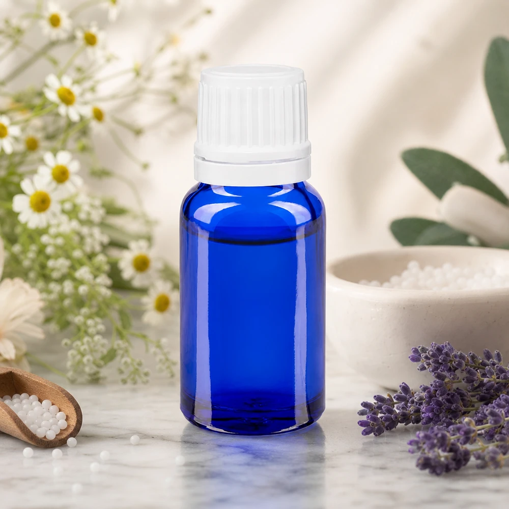 Hochwertige blaue 10ml Flasche aus Apothekerglas mit weißem Verschluss für Naturprodukte
