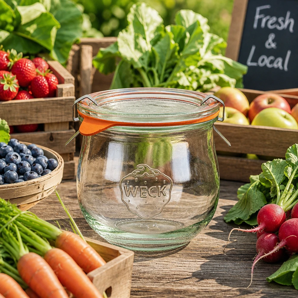 Vaso a tulipano da 370 ml completo WECK RR80 Vaso a tulipano WECK 370ml RR80 su bancarella con frutta e verdura fresca e cartello Local Fresh per prodotti regionali