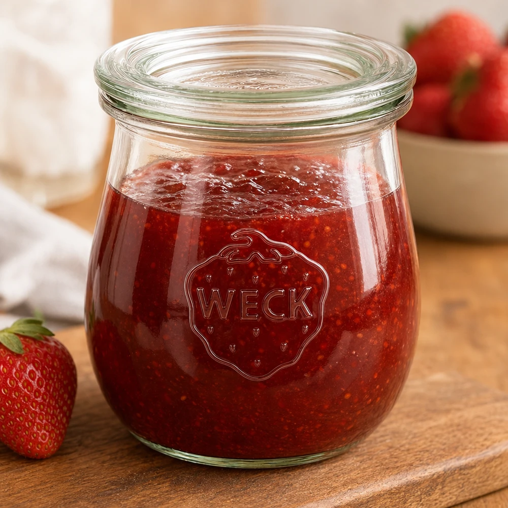 Bocal en forme de tulipe de 220 ml avec couvercle en verre WECK RR60 WECK Tulpenglas 220ml gefüllt mit Erdbeermarmelade auf Holzbrett mit frischen Erdbeeren im Hintergrund
