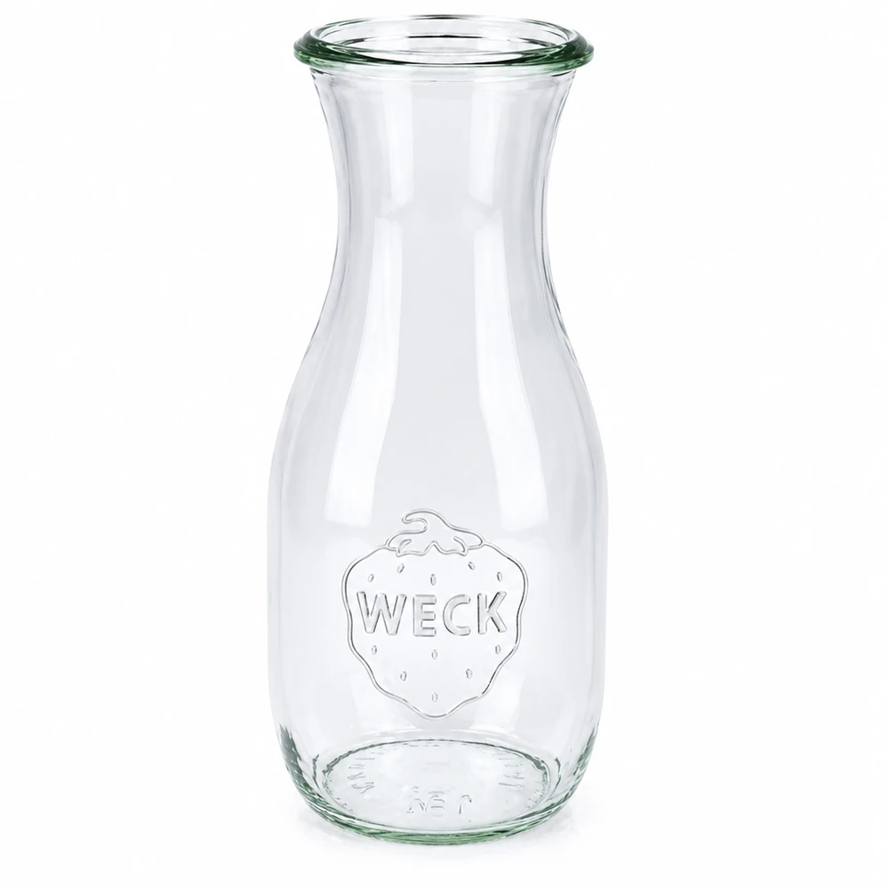 530ml WECK Saftflasche RR60 aus Glas mit Deckel und eingeprägtem Erdbeer-Logo transparent