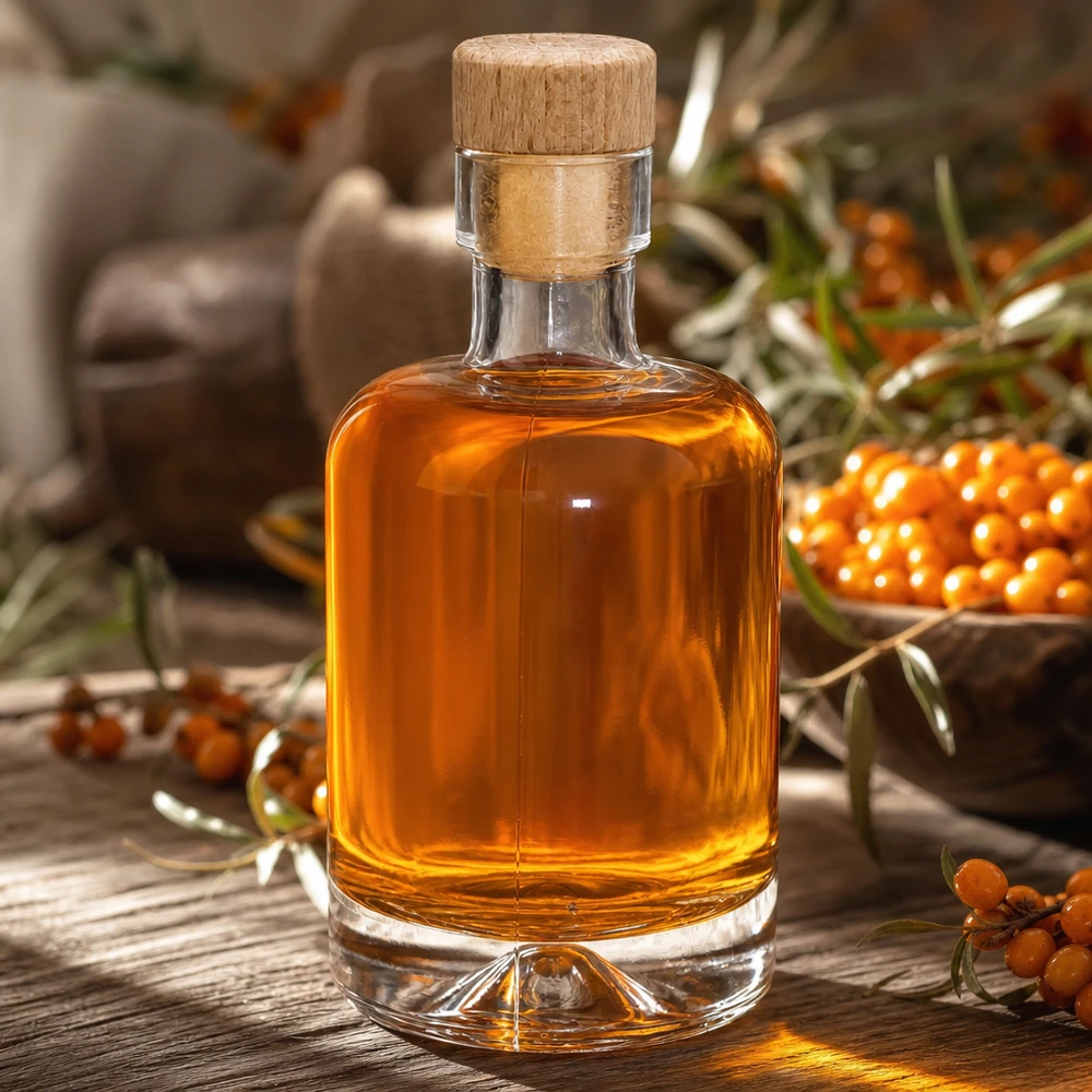 Bottiglia in vetro da 50 ml Amelie con tappo in sughero con impugnatura in legno UNiTWIST Bottiglia di vetro da 50 ml Amelie riempita con olio di olivello spinoso tra bacche di olivello spinoso di colore arancione naturalmente decorate