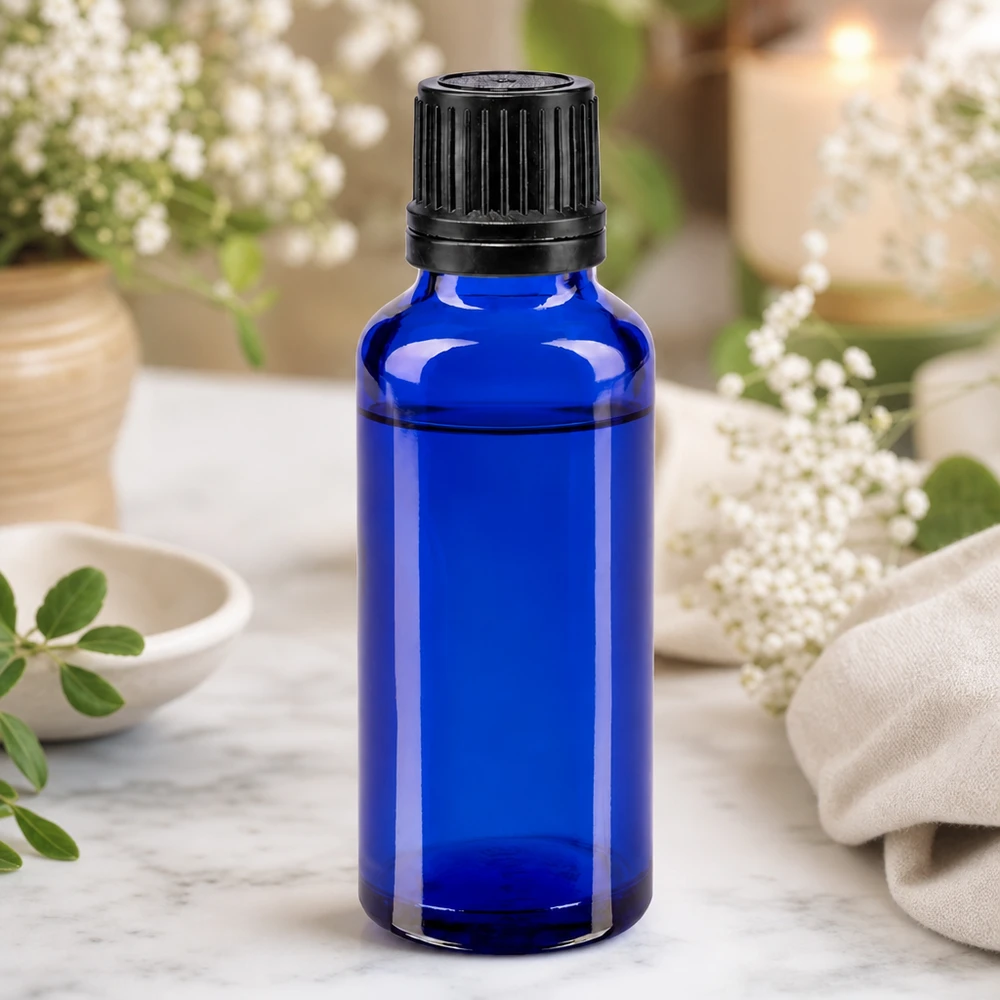 Petit flacon de pharmacie bleu de 30 ml avec bouchon à vis noir pour huiles essentielles