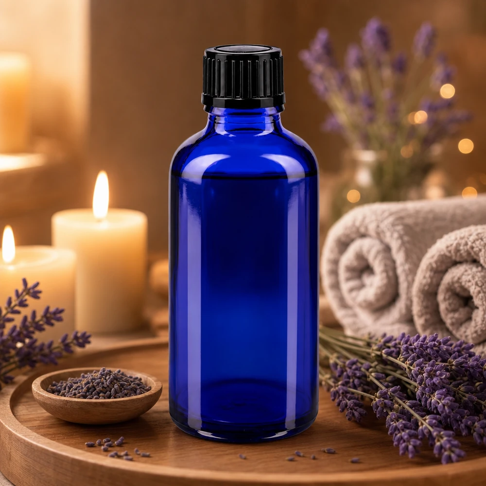 Flacon compte-gouttes bleu de 50 ml avec bouchon à vis noir, posé sur un plateau en bois décoré de lavande