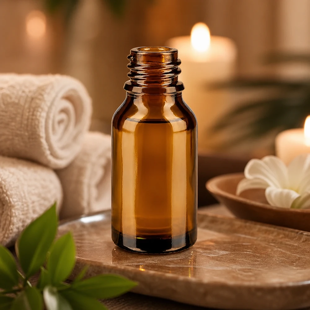 Tropfflasche 15 ml DIN 18 Braunglas 15ml braune Apothekenflasche ApoGlas in warmem Kerzenlicht mit weißen Handtüchern und grünen Blättern Wellness Deko