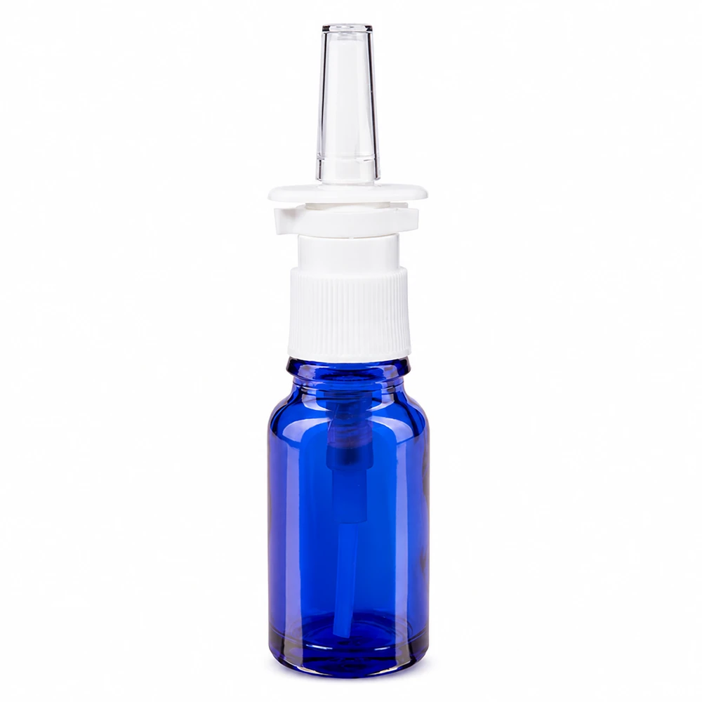 Apothekenflasche blau 10ml Nasenzerstäuber weiß Standard Kompakte Nasensprayflasche aus blauem Apothekenglas 10ml mit transparentem Aufsatz