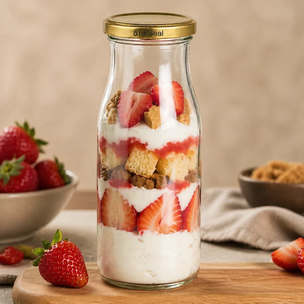 UNiTWIST Glasflasche 150ml Erdbeer-Dessert Schichtdessert goldener TO43 BioSeal Deckel Sahne Kekse Holzbrett