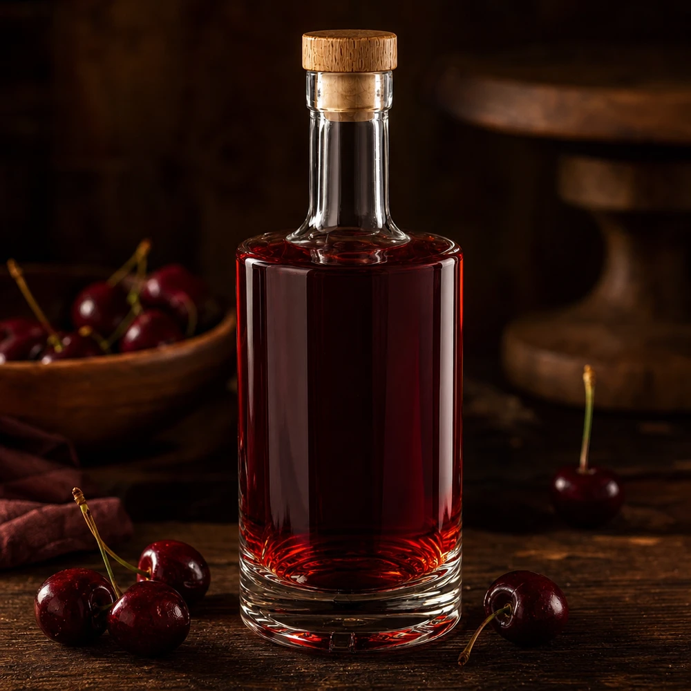 Bottiglia di vetro da 500 ml Nora riempita di liquore alla ciliegia tappo di legno rosso scuro UNiTWIST ciliegie fresche tavolo di legno rustico