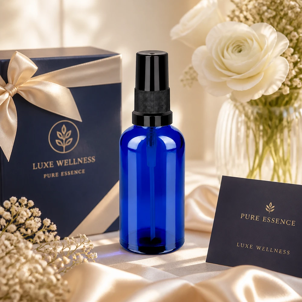 50ml Sprayflasche schwarz Standardverschluss BlueLine UT18/50 Dekorative blaue Glasflasche 50ml mit stylischem schwarzen Sprühkopf für luxuriöse Präsentation