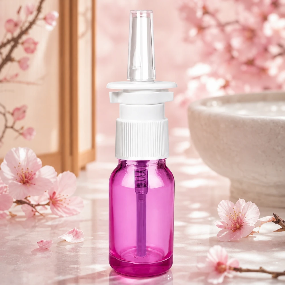 10ml Nasensprayflasche weiß/transparent Standard PurpleLine. UT18/10 Nachfüllbare 10ml Nasensprayflasche mit robustem Glaskorpus und auslaufsicherem Verschluss