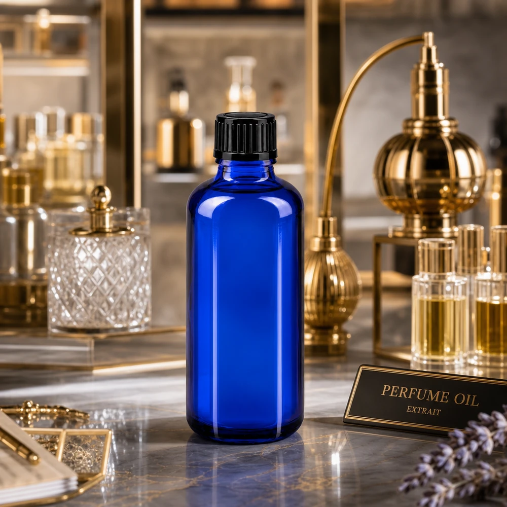 Flacon à pharmacie bleu 50ml bouchon compte-gouttes 1mm noir std Flacon compte-gouttes STD bleu de 50 ml en verre de pharmacie avec bouchon noir, destiné à contenir de l'huile de parfum « Extrait »