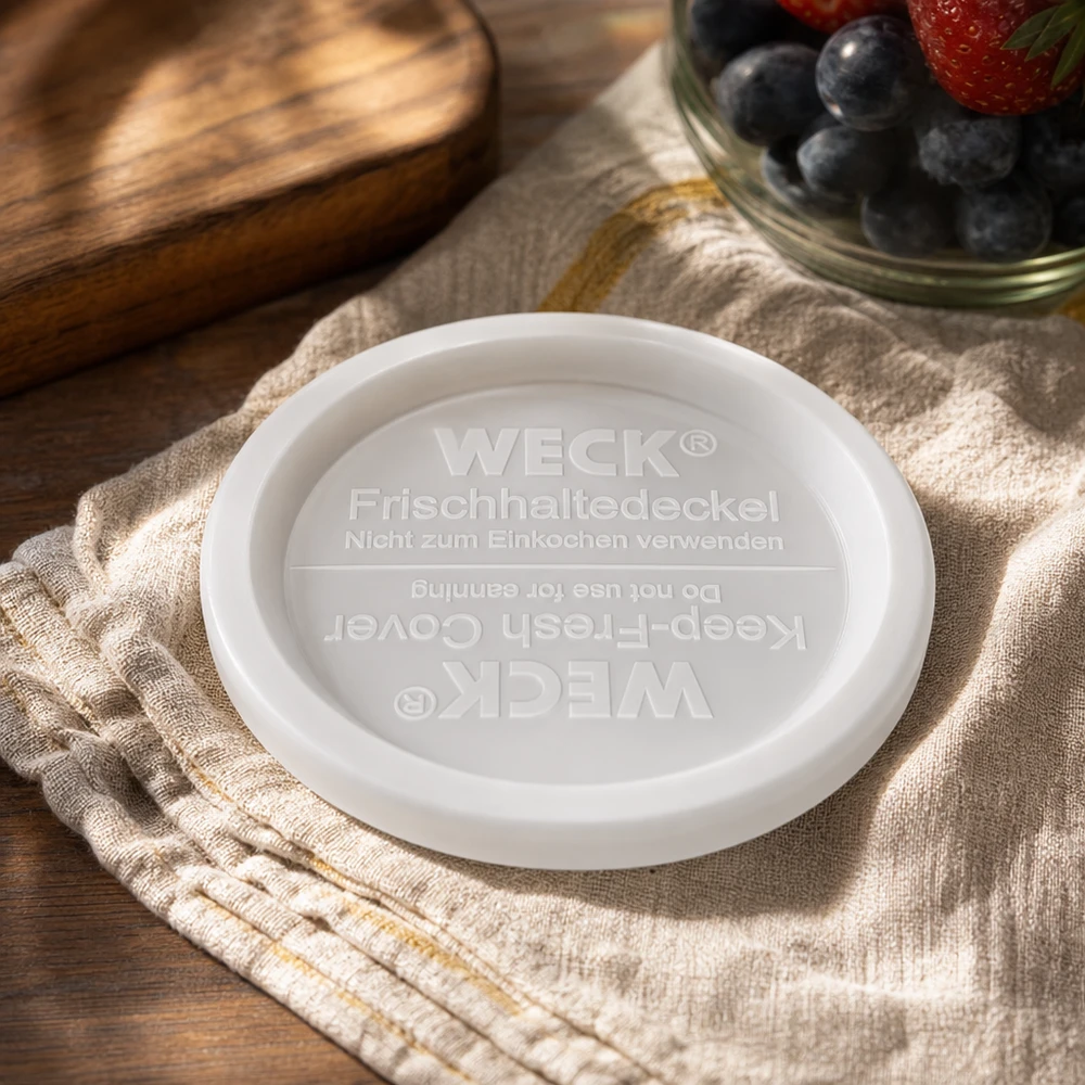 WECK/REX Coperchio salvafreschezza RR120 Coperchio WECK keep-fresh RR120 Stile di vita scattato su panno di lino con ciotola di bacche e tavola di legno Decorazione per la cucina