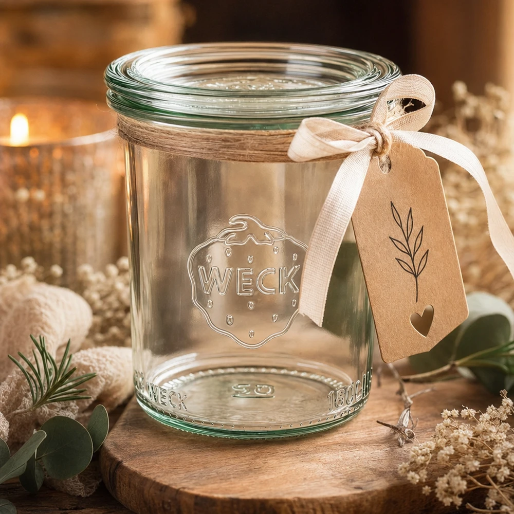 Bocal en verre de 160 ml avec couvercle en verre WECK RR60 WECK Sturzglas RR60 160ml als Geschenkverpackung mit Anhänger und Band in gemütlicher Atmosphäre mit Kerze