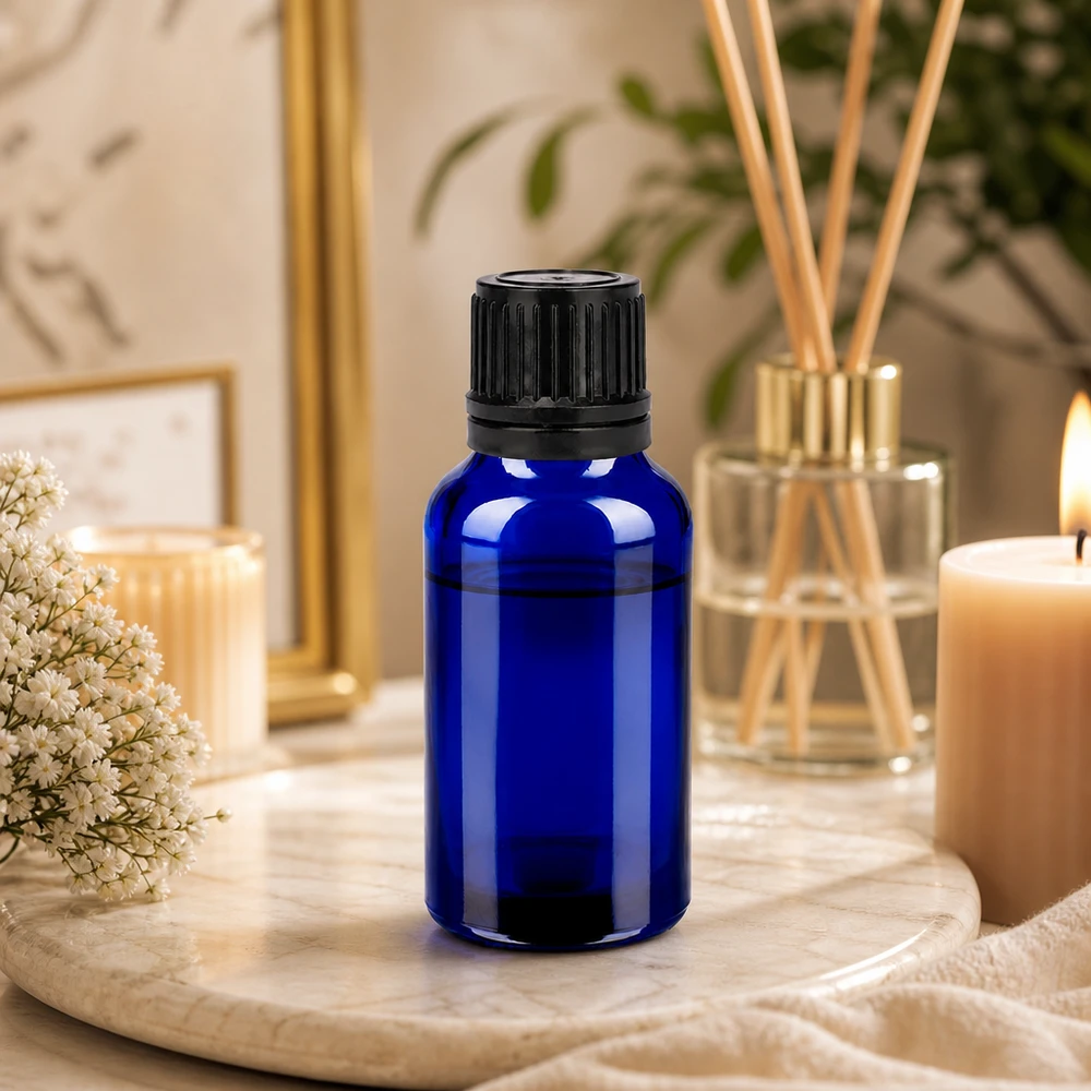 Flacone professionale in vetro da 20 ml BlueLine con tappo nero da 11 mm per cosmetici e farmacia