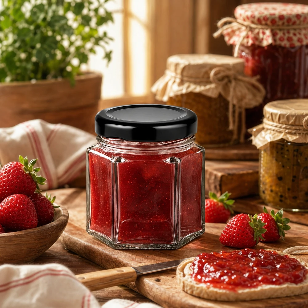 Barattolo Hexa 47ml con coperchio nero riempito di marmellata di fragole in cucina rustica con fragole fresche
