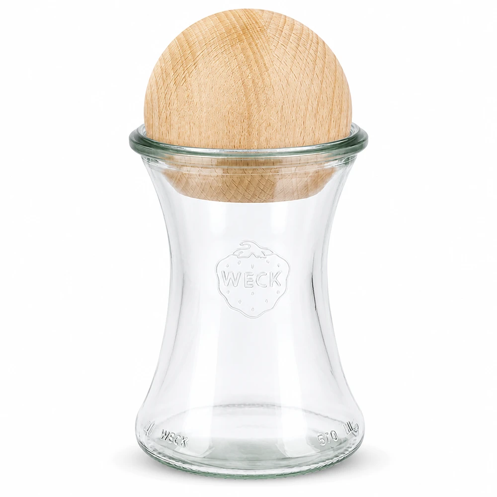 Vasetto da 370 ml WECK RR80 con sfera in legno di faggio. Palla di legno di faggio WECK Vaso per gastronomia 370ml RR80 con chiusura a sfera in legno Vaso per conserve in faggio Vaso di conservazione