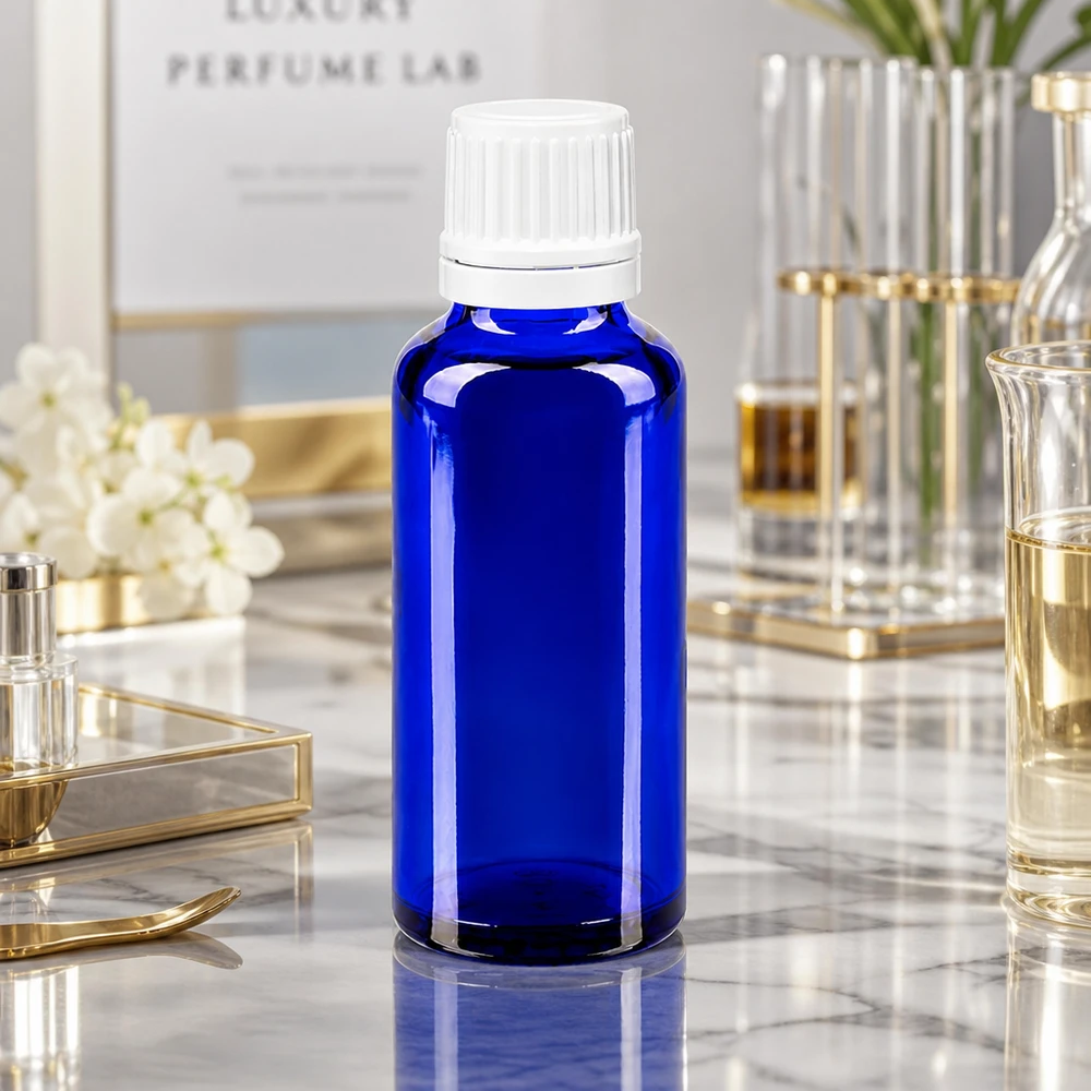 Apothekenflasche blau 30ml Tropfverschluss 1.2mm weiß Originalitätsverschluss Kleine blaue Apothekerflasche 30ml mit OV weiss für Aromaöle und Duftstoffe im Laborumfeld