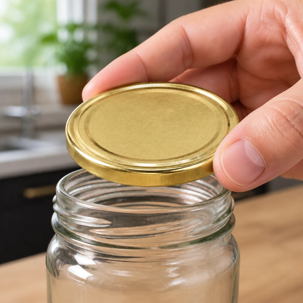 Twist-Off-Deckel 43mm gold auf Glasöffnung platziert UNiTWIST BioSeal lebensmittelecht