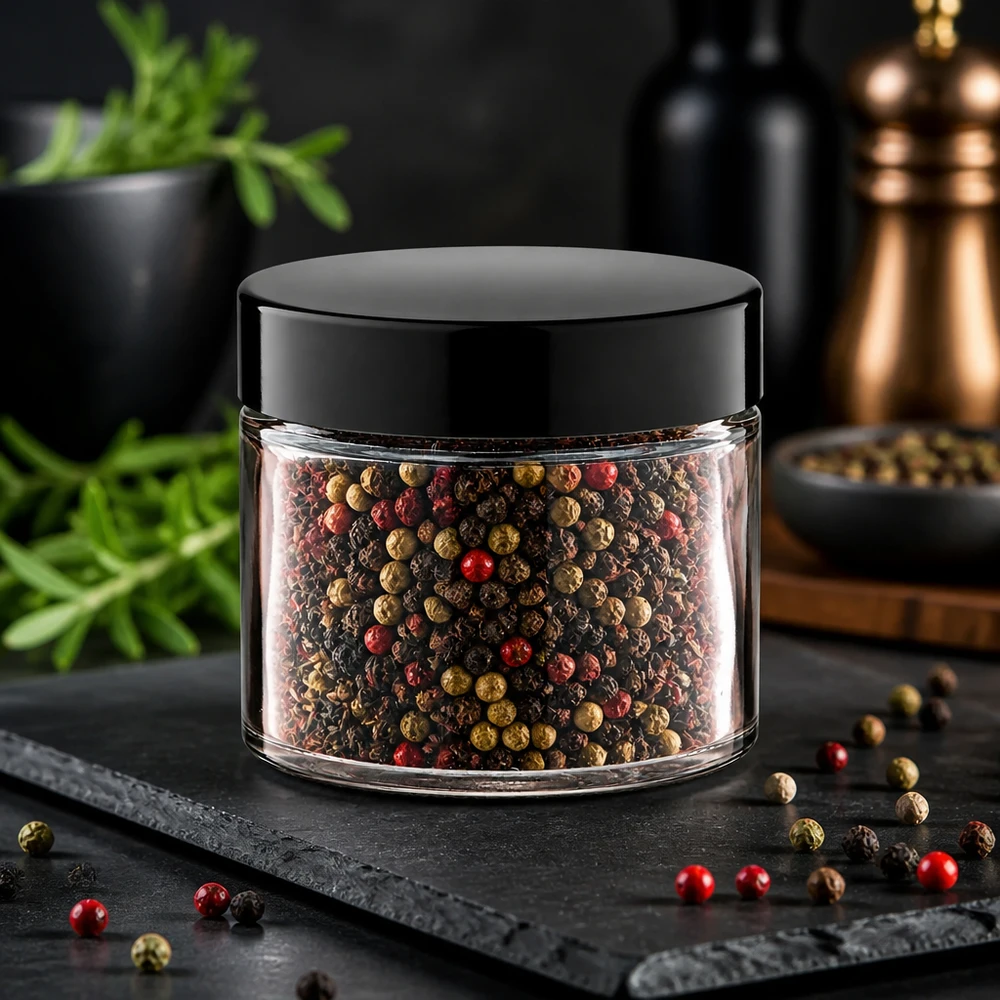 Vasetto di vetro “Gewürz Idee” da 30 ml con grani di pepe multicolori accanto a un macinapepe in rame