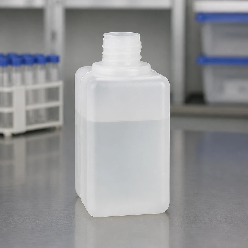 Flacon à produits chimiques 50 ml à col étroit, PEHD couleur naturelle, GL 18 Flacon à col étroit en PE-HD blanc laiteux, GL 18, 50 ml, robuste et résistant aux acides, destiné à un usage en laboratoire