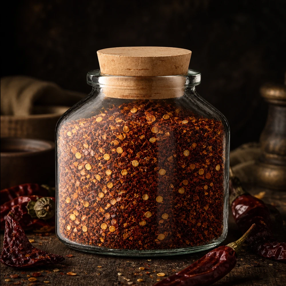 Vaso in vetro trasparente con tappo in sughero da 100 ml, modello “Idee Round”, riempito con fiocchi di peperoncino essiccato. Foto scattata in studio