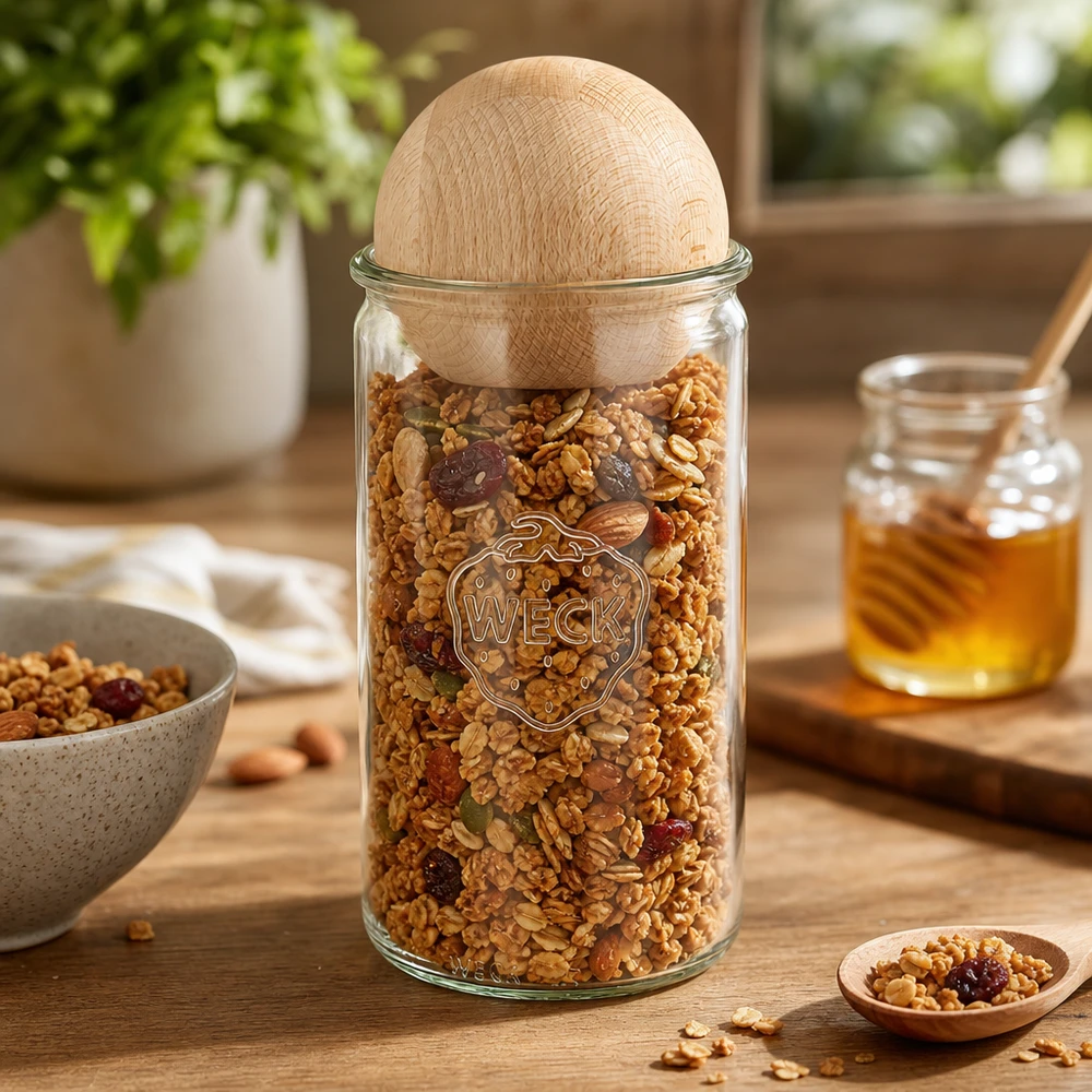 Vaso cilindrico da 1590 ml WECK RR100 con sfera in legno di faggio Barattolo WECK 1590ml RR100 riempito con muesli e noci mostra un pratico uso in cucina con tappo a sfera in legno