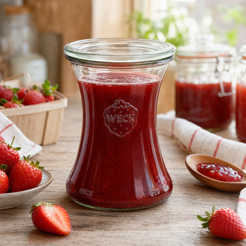 Barattolo da 370 ml con coperchio in vetro WECK RR80 Il barattolo da gastronomia WECK da 370 ml riempito di marmellata di fragole mostra l'uso pratico del barattolo da conserva RR80 in cucina